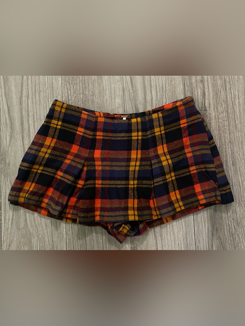Free People Someday Plaid Pleated Skort in Navy, Mustard & Orange